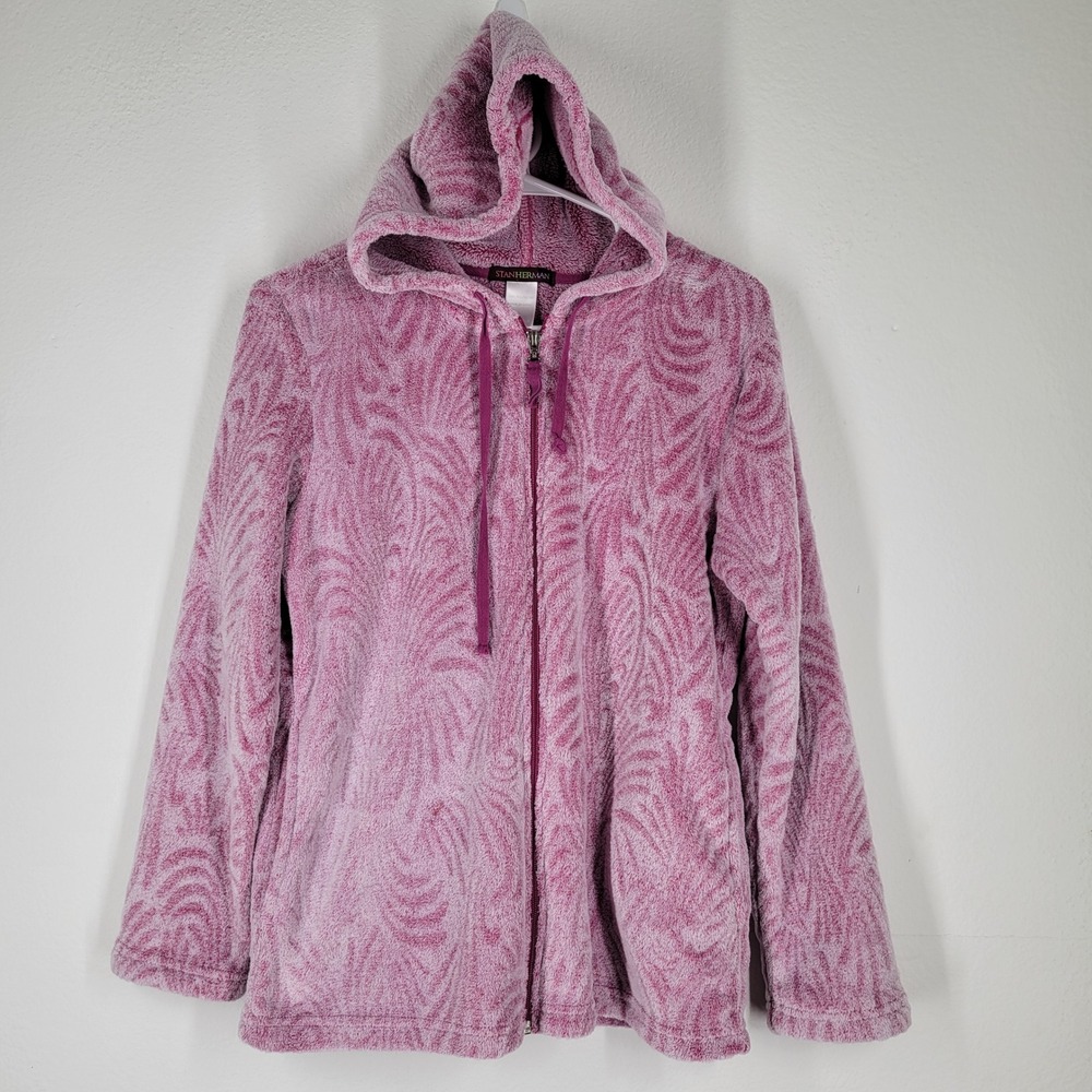 STANHERMAN Womens Pink‎ Leaf Print Fleece Zip Up Hoodie Jacket